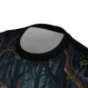 Enchanted forest all over print sublimation tee featuring dark trees, vines, and a mystical glow. Seamless wrap around graphic design.