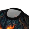 Enchanted forest fire all over print sublimation tee, featuring glowing mushrooms and mystic fire graphics with dark trees.
