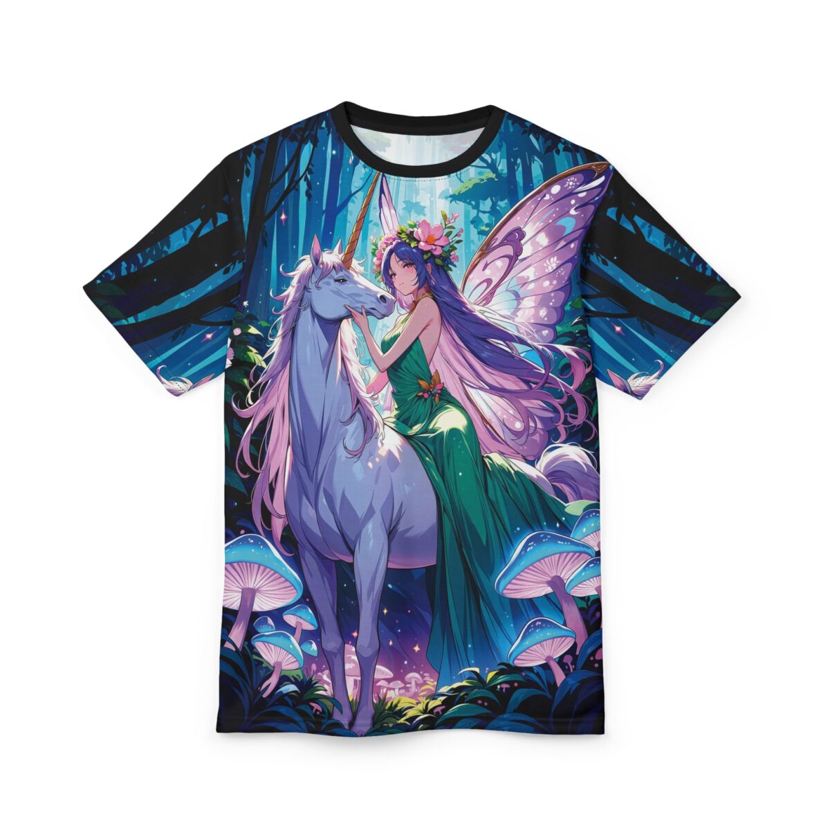 Vibrant blue and green tones cover this sublimation graphic tee, depicting a fairy riding a unicorn in a glowing forest.