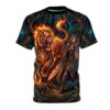 Fantasy warrior with sword and shield stands with a fire tiger in a mystical forest, all over print sublimation tee.