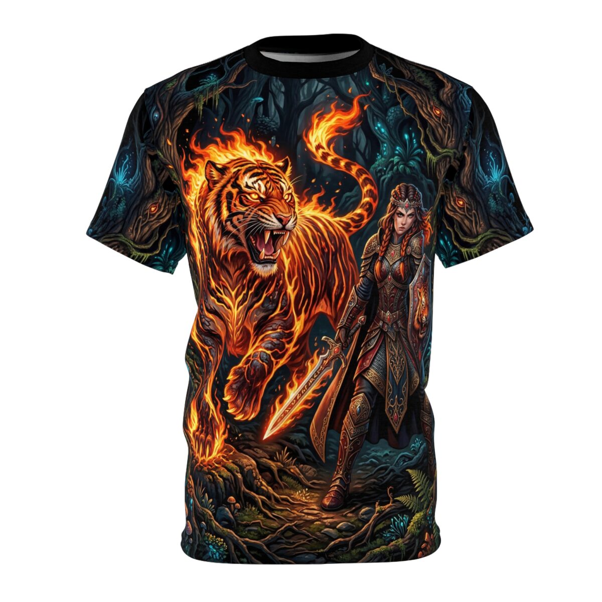 Fantasy warrior with sword and shield stands with a fire tiger in a mystical forest, all over print sublimation tee.