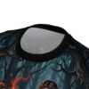 Fantasy forest fire girl all over print sublimation tee featuring a dark enchanted woods graphic with glowing embers and braided hair.