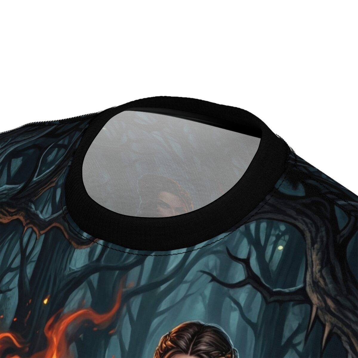 Fantasy forest fire girl all over print sublimation tee featuring a dark enchanted woods graphic with glowing embers and braided hair.