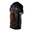 Fantasy sorceress in armor holding a glowing staff in a dark forest with fire and magical plants, all over print sublimation tee.