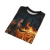 Fantasy warrior with shield and flames confronting a fire tiger, all over print sublimation tee with dark forest background.