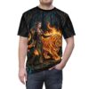 Fantasy warrior with staff and fiery tiger in enchanted forest, all over print sublimation tee with vintage pattern.