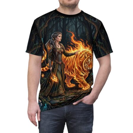 Fantasy warrior with staff and fiery tiger in enchanted forest, all over print sublimation tee with vintage pattern.