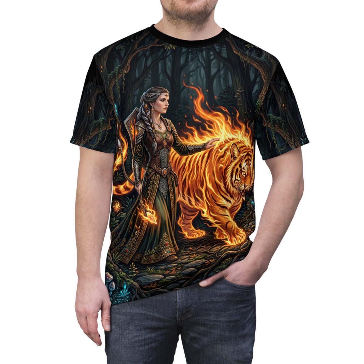Fantasy warrior with staff and fiery tiger in enchanted forest, all over print sublimation tee with vintage pattern.