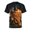 Fantasy warrior woman with flaming tiger, all over print sublimation tee featuring a mystical forest graphic.