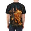 Fantasy warrior woman and blazing fire tiger all over print sublimation tee featuring a dark enchanted forest graphic.