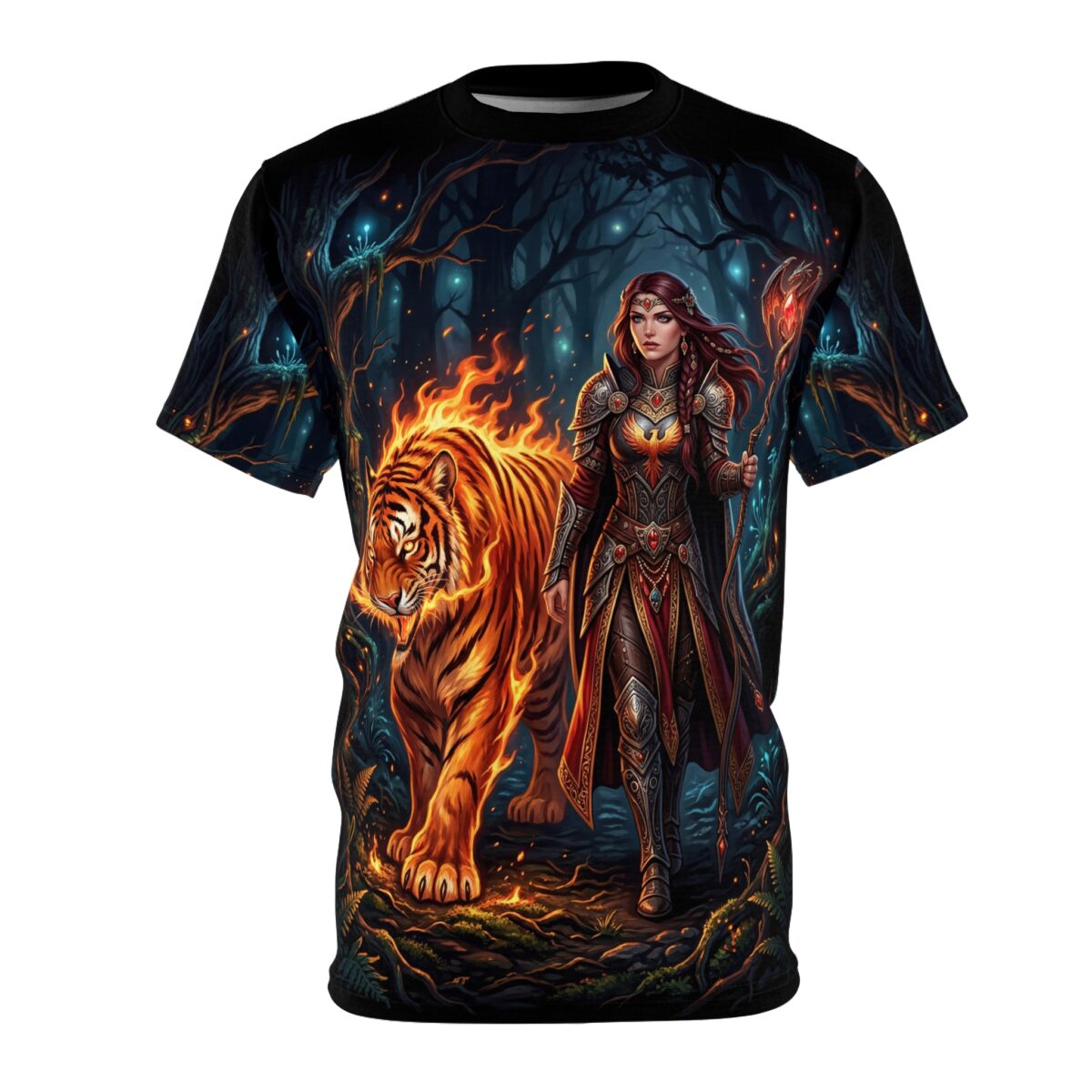 Fantasy warrior with flaming tiger in dark forest, all over print sublimation tee with intricate armor and staff.