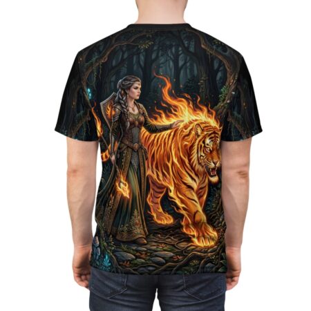 Fantasy warrior woman and blazing fire tiger all over print sublimation tee featuring a dark enchanted forest graphic.