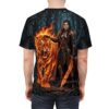 Fantasy warrior with flaming tiger in dark forest, all over print sublimation tee with epic wrap around graphic.