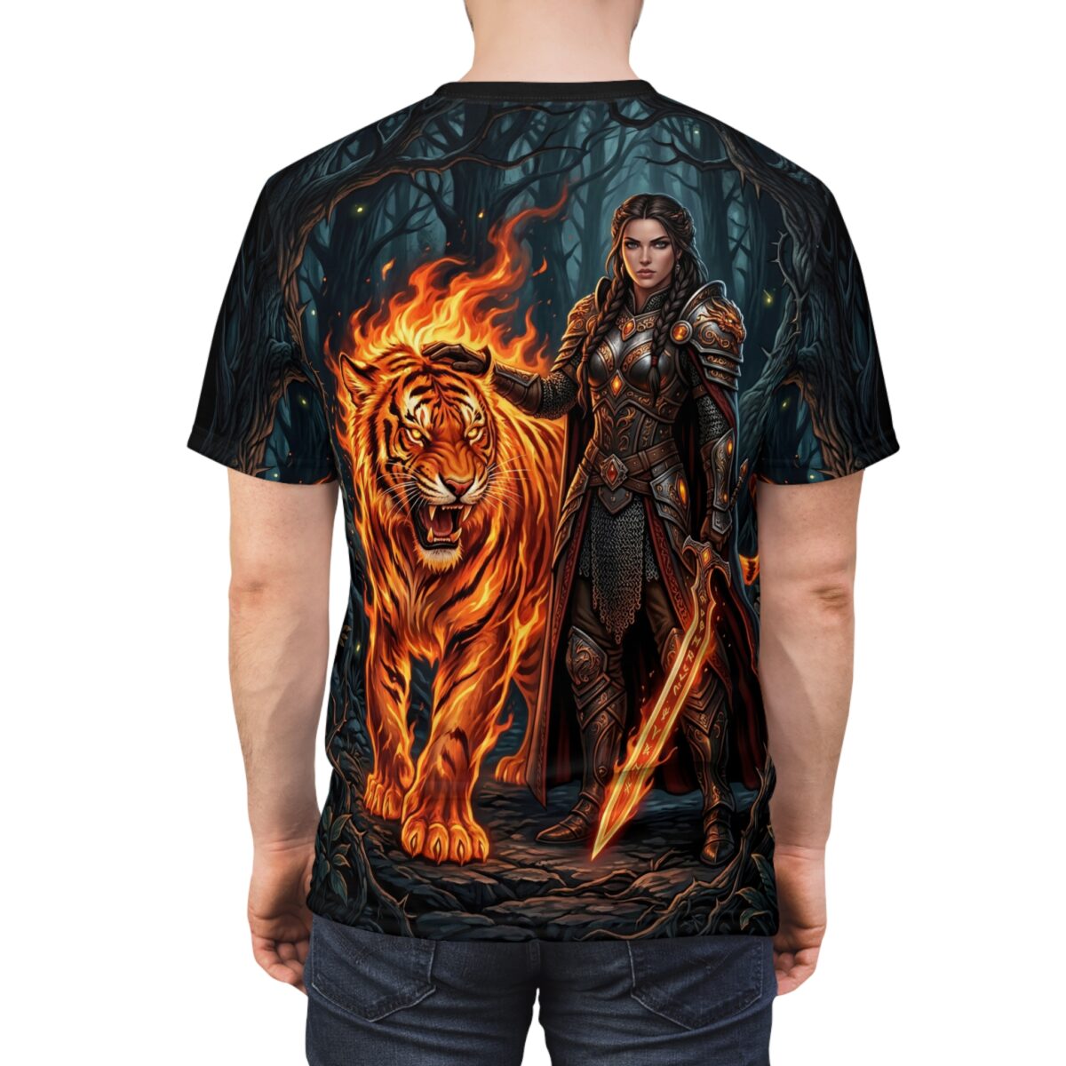 Fantasy warrior with flaming tiger in dark forest, all over print sublimation tee with epic wrap around graphic.