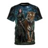 Fantasy warrior woman with tiger in enchanted forest, warrior armor with sword, all over print sublimation tee.