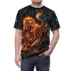 Fantasy warrior with sword and shield beside a flaming tiger in a dark forest. All over print sublimation tee.