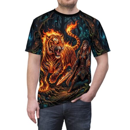 Fantasy warrior with sword and shield beside a flaming tiger in a dark forest. All over print sublimation tee.