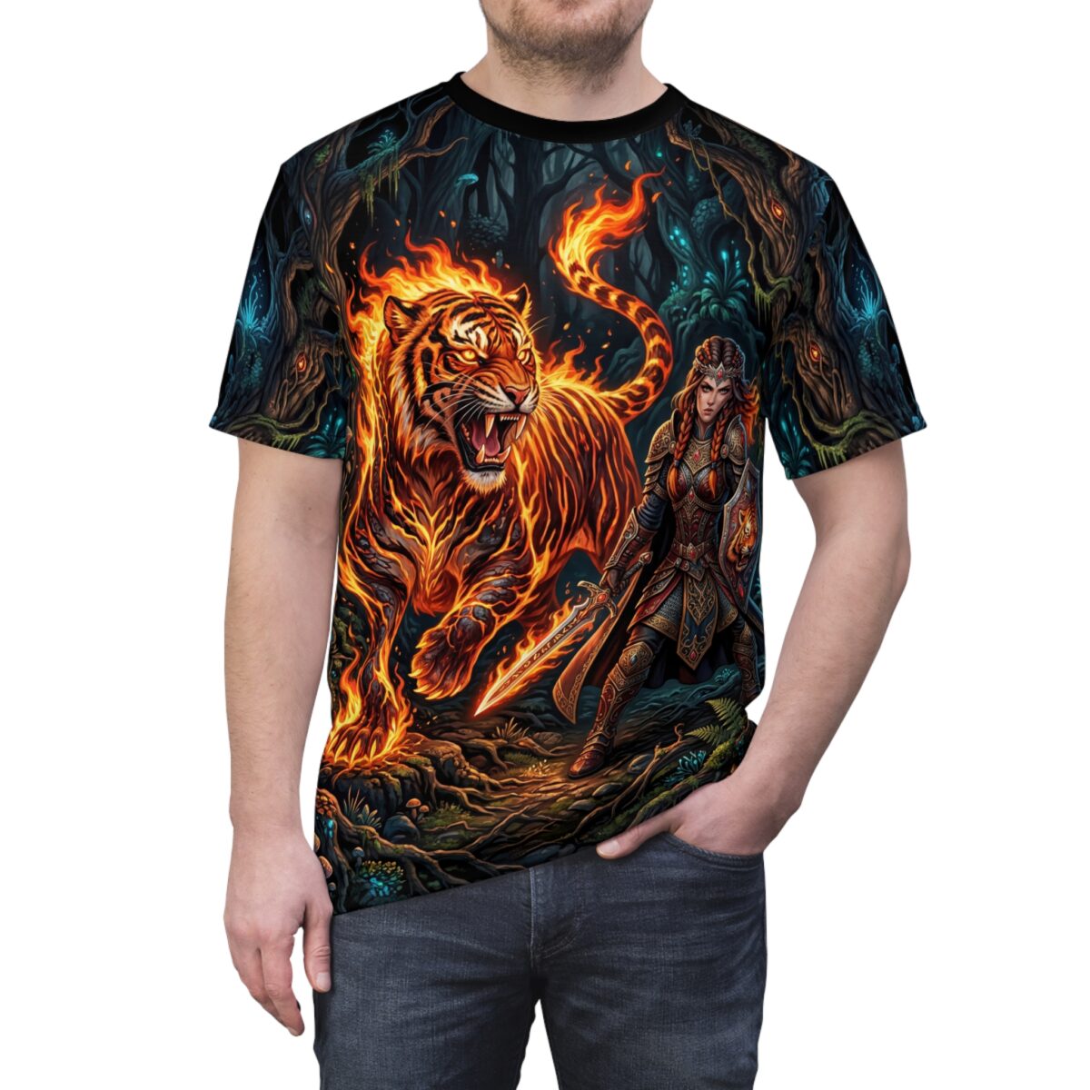 Fantasy warrior with sword and shield beside a flaming tiger in a dark forest. All over print sublimation tee.