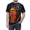 Fiery tiger graphic with warrior in armor on all over print sublimation tee, dark fantasy forest scene.