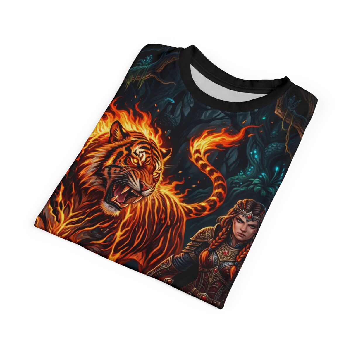 Fiery tiger and warrior fantasy graphic all over print sublimation tee, featuring a dark enchanted forest background with glowing elements.