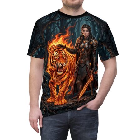 Fiery tiger graphic with warrior in armor on all over print sublimation tee, dark fantasy forest scene.