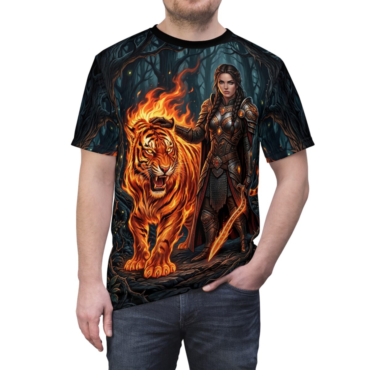 Fiery tiger graphic with warrior in armor on all over print sublimation tee, dark fantasy forest scene.