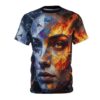 A short sleeve t-shirt featuring an all-over geometric mosaic print of a human face split between fire and ice themes.