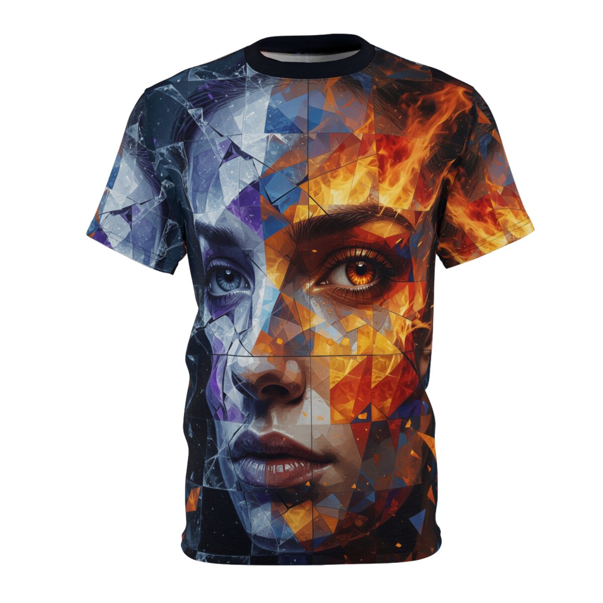 A short sleeve t-shirt featuring an all-over geometric mosaic print of a human face split between fire and ice themes.