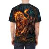All over print sublimation tee featuring a warrior woman and a fire tiger in a dark forest with glowing mushrooms.