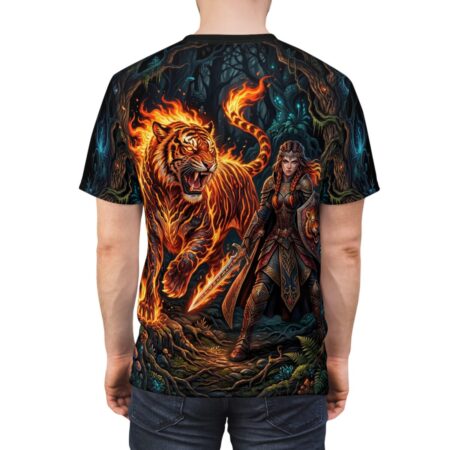 All over print sublimation tee featuring a warrior woman and a fire tiger in a dark forest with glowing mushrooms.