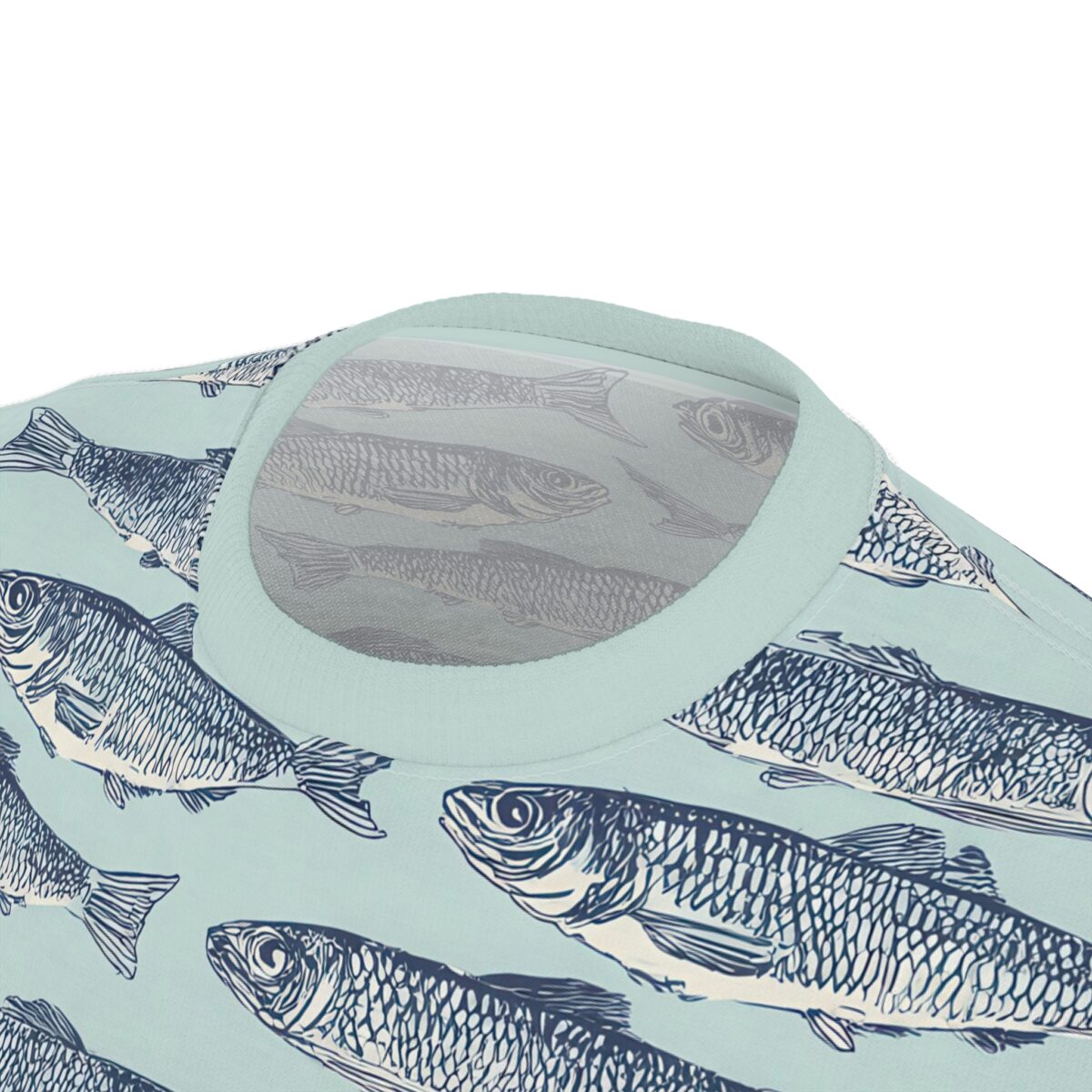 Blue fish all over print sublimation tee featuring a seamless marine wildlife pattern in a vintage sketch aesthetic.