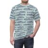 All over print sublimation tee featuring a seamless pattern of blue fish on a light blue background.