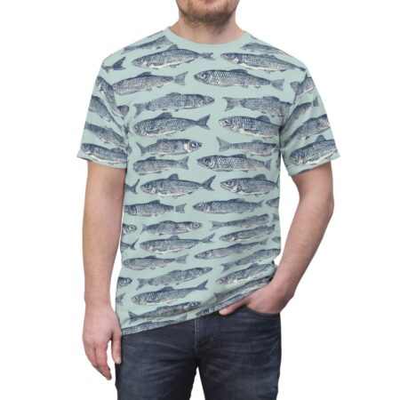 All over print sublimation tee featuring a seamless pattern of blue fish on a light blue background.