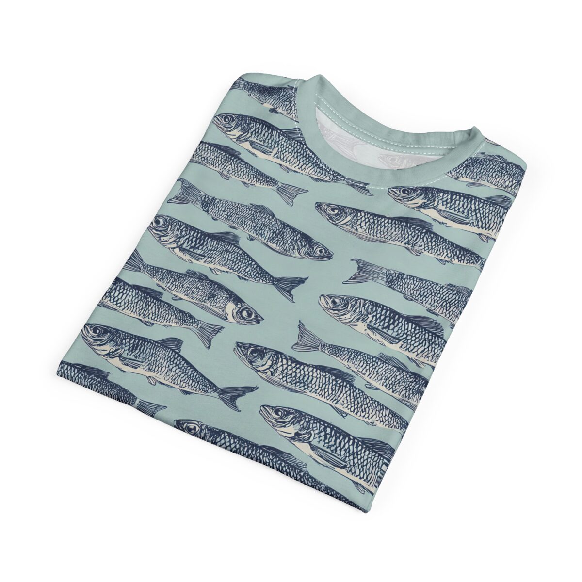 Pale blue t-shirt with a repeating navy blue fish graphic pattern, featuring a seamless print.