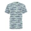 All over print t-shirt with a repeating pattern of blue and white fish graphics.