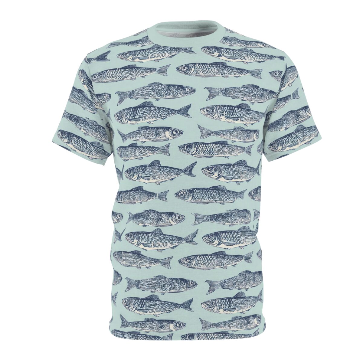 All over print t-shirt with a repeating pattern of blue and white fish graphics.