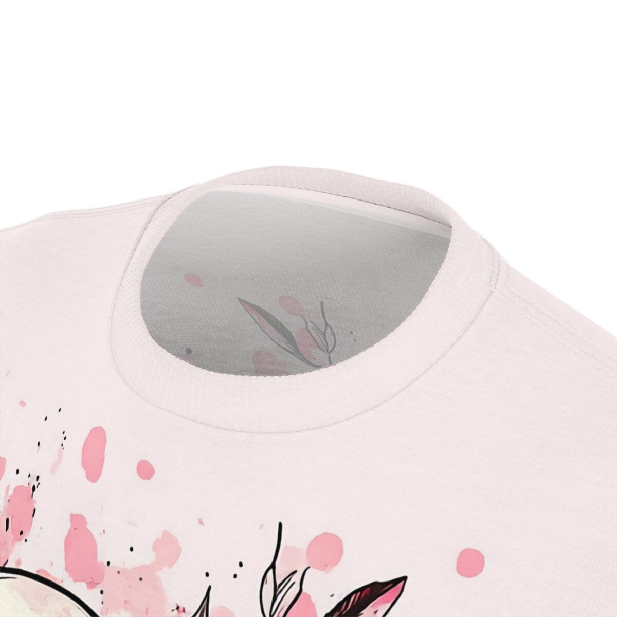 Pink watercolor floral graphic print crewneck sublimation tee with soft botanical ink splatters and minimal aesthetic design.