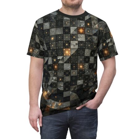 Man wearing a short-sleeve t-shirt with a detailed geometric and circuitry pattern in dark tones with glowing orange accents.