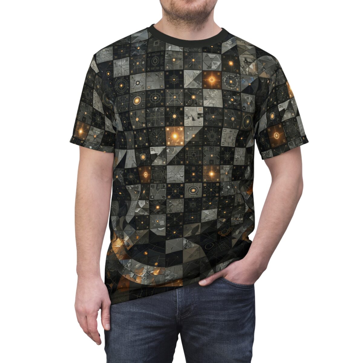 Man wearing a short-sleeve t-shirt with a detailed geometric and circuitry pattern in dark tones with glowing orange accents.