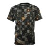 A men's short-sleeve t-shirt with a detailed geometric pattern featuring squares and circles in black, grey, and gold with glowing orange accents.