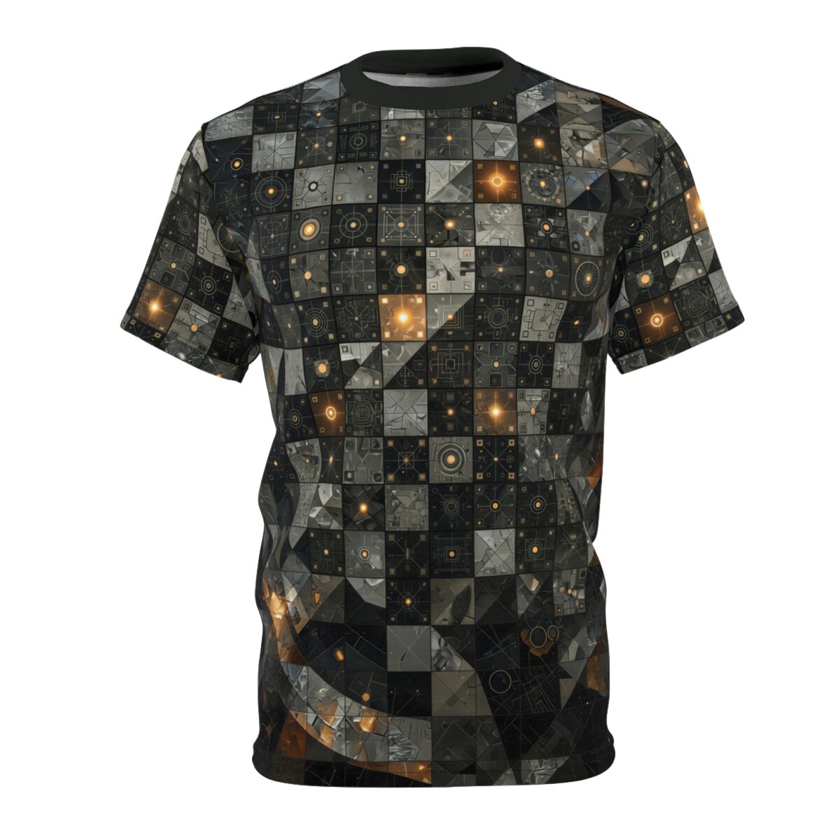 A men's short-sleeve t-shirt with a detailed geometric pattern featuring squares and circles in black, grey, and gold with glowing orange accents.