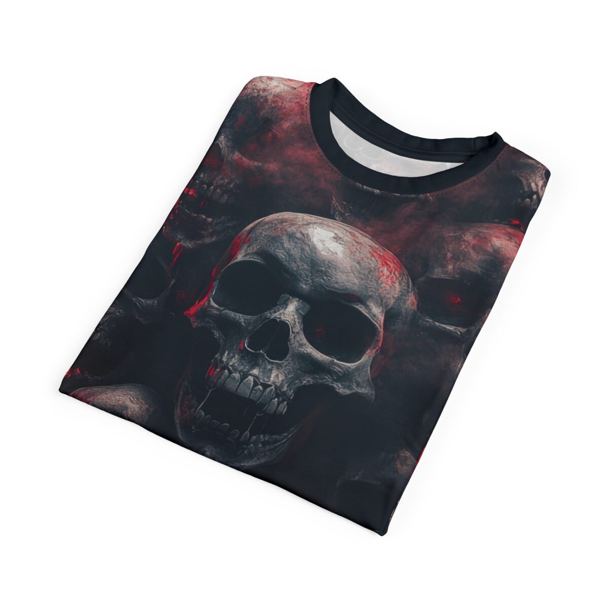 Gothic skull all over print sublimation tee with a dark, horror aesthetic and eerie red accents on multiple skulls.