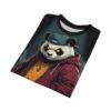 Folded black t-shirt featuring a graphic print of a cartoon panda wearing a red jacket and baseball cap.