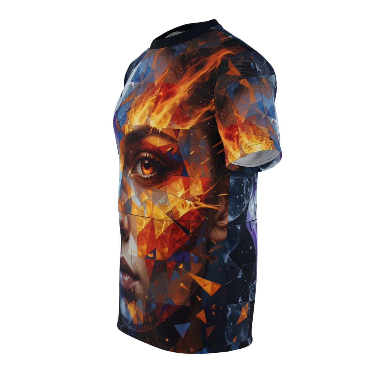 Side view of a short sleeve t-shirt with an all-over print of a human face made from orange and blue geometric shards.