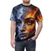 A man wearing a short-sleeve t-shirt with a dual-colored mosaic portrait of a woman representing fire and ice.