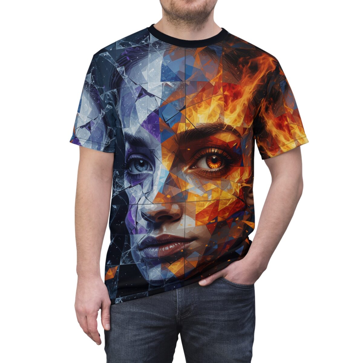 A man wearing a short-sleeve t-shirt with a dual-colored mosaic portrait of a woman representing fire and ice.