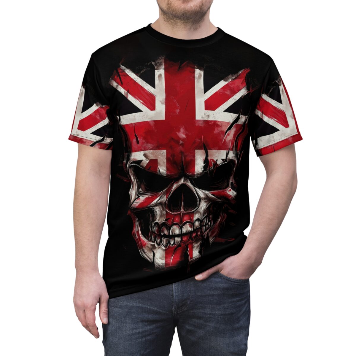 Black t-shirt featuring a distressed Union Jack flag design merged with a skull graphic on the front and sleeves.