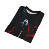 All over print t-shirt featuring a dark, abstract grim reaper graphic with a sword, abstract red and teal splatters.