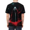 All over print sublimation tee featuring a dark fantasy grim reaper with a sword and red nebula graphic.