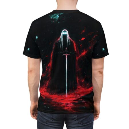 All over print sublimation tee featuring a dark fantasy grim reaper with a sword and red nebula graphic.